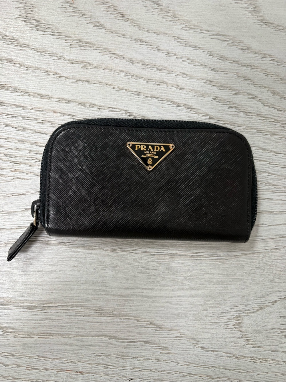 Prada Black Saffiano Zip Card and key Holder with Gold Logo